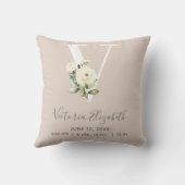 Blush Pink Floral Letter V Baby Script Geburtsstun Kissen (Rückseite)
