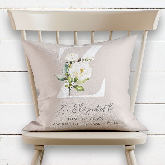 Blush Pink Floral Letter Z Baby Script Geburtsstun Kissen
