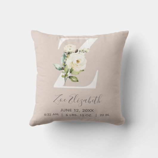 Blush Pink Floral Letter Z Baby Script Geburtsstun Kissen (Rückseite)