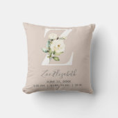 Blush Pink Floral Letter Z Baby Script Geburtsstun Kissen (Vorderseite)