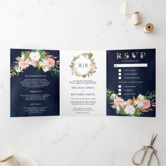 Blush Pink Floral Magnolia Cotton Navy Hochzeit Dreifach Gefaltete Einladung (Innenseite)
