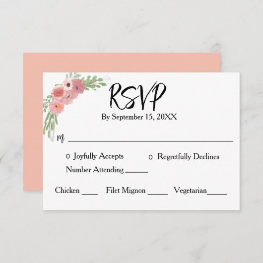 Blush Pink Floral Moderne Script Hochzeit RSVP Karte (Vorne/Hinten)