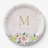 Blush Pink Floral Monogram Brautparty Pappteller (Vorderseite)