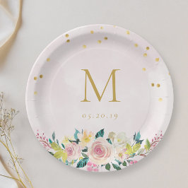 Blush Pink Floral Monogram Brautparty Pappteller