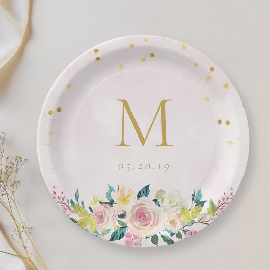 Blush Pink Floral Monogram Brautparty Pappteller