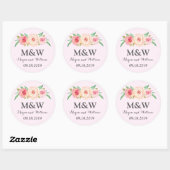 Blush Pink Floral Monogram Wedding Runder Aufkleber (Blatt)