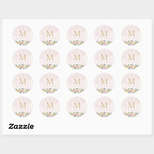 Blush Pink Floral Monogram Wedding Runder Aufkleber (Blatt)