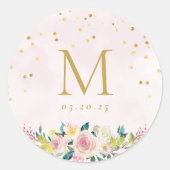 Blush Pink Floral Monogram Wedding Runder Aufkleber (Vorderseite)