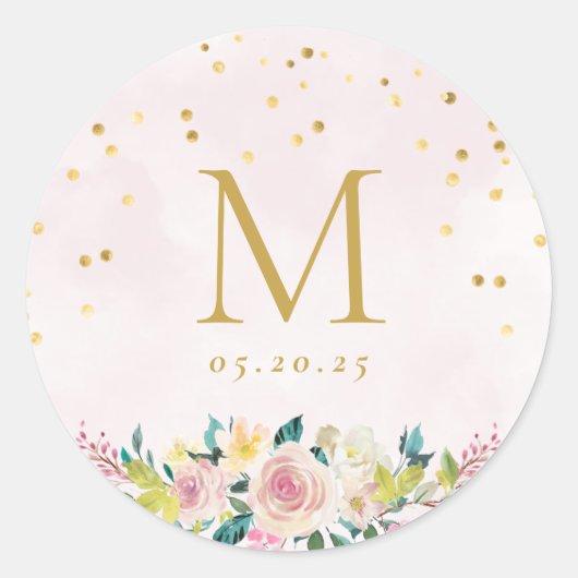 Blush Pink Floral Monogram Wedding Runder Aufkleber (Vorderseite)