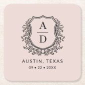 Blush Pink Floral Monogram Wedding Wappen Modernes Rechteckiger Pappuntersetzer (Vorderseite)