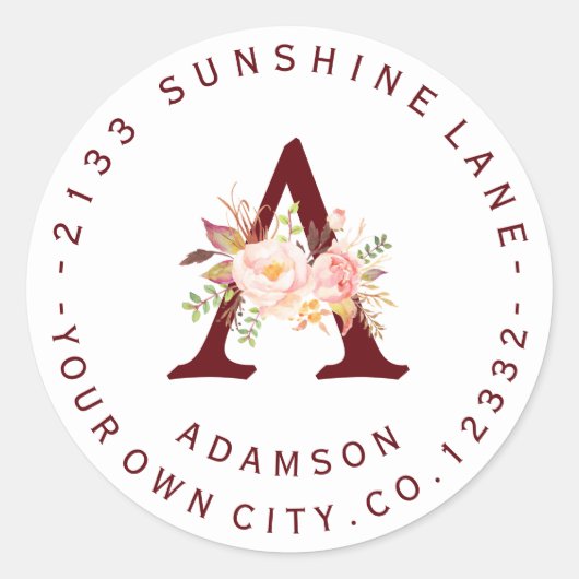 Blush Pink Floral Monogramm Circle Address Label Runder Aufkleber (Vorderseite)