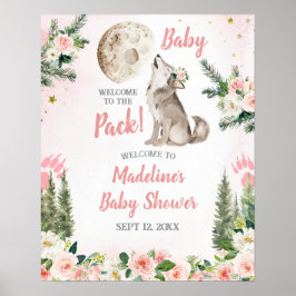 Blush Pink Floral Moon Forest Wolf Welcome Sign Poster