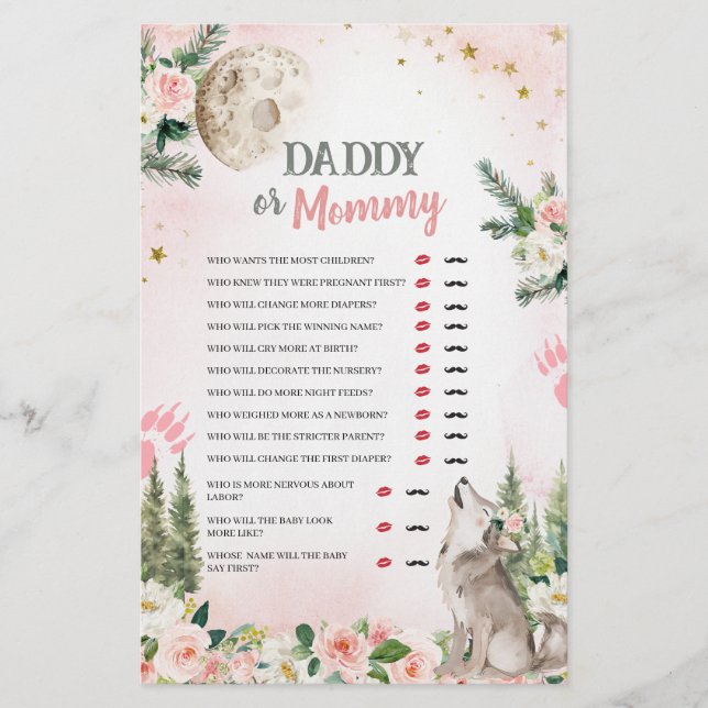 Blush Pink Floral Moon Wolf Daddy or Mommy Games (Vorderseite)