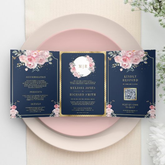 Blush Pink floral Navy Blau All in One Wedding Dreifach Gefaltete Einladung