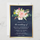 Blush Pink floral Navy Blau All in One Wedding Einladung (Vorderseite)