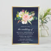Blush Pink floral Navy Blau All in One Wedding Einladung (Stehend Vorderseite)