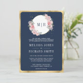 Blush Pink floral Navy Blau All in One Wedding Einladung (Stehend Vorderseite)