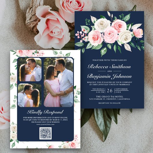 Blush Pink Floral Navy Blue QR Code Hochzeit Einladung