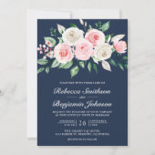 Blush Pink Floral Navy Blue QR Code Hochzeit Einladung (Vorderseite)