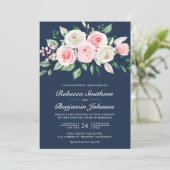 Blush Pink Floral Navy Blue QR Code Hochzeit Einladung (Stehend Vorderseite)