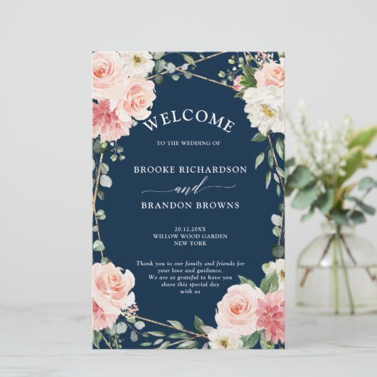 Blush Pink Floral Navy Geometric Wedric Program (Stehend Vorderseite)