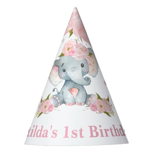 Blush Pink Floral Niedlich Baby Elephant 1. Geburt Partyhütchen (Vorderseite)