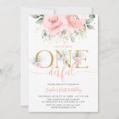 Blush Pink Floral Onederful Baby Girl 1. Geburtsta Einladung (Vorderseite)