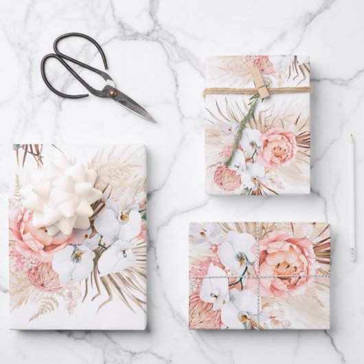 Blush Pink Floral Pampas Grass Muster Elegant Geschenkpapier Set (Vorderseite)