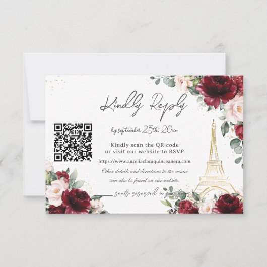 Blush Pink Floral Paris Eiffel Quinceañera QR  RSVP Karte (Vorderseite)