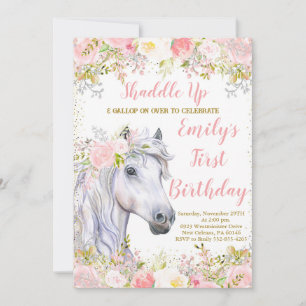 Blush Pink Floral & Pferd Erste Geburtstagsparty Einladung