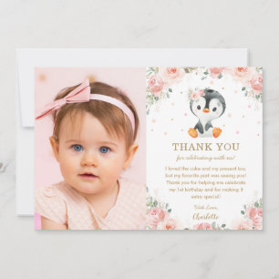Blush Pink Floral Pinguin 1. Geburtstag Foto Dankeskarte