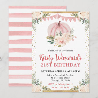 Blush Pink Floral Pumpkin Fall 21. Geburtstag Einladung