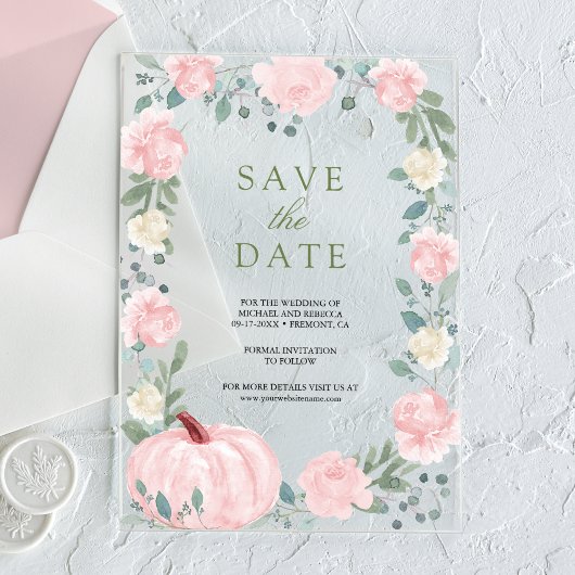 Blush Pink Floral Pumpkin Hochzeit Save the Date Acryleinladungen