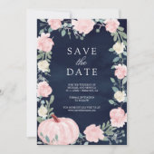 Blush Pink Floral Pumpkin Navy Blue Foto Hochzeit Save The Date (Vorderseite)