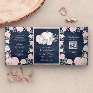 Blush Pink Floral Pumpkin QR Code Navy Hochzeit Dreifach Gefaltete Einladung