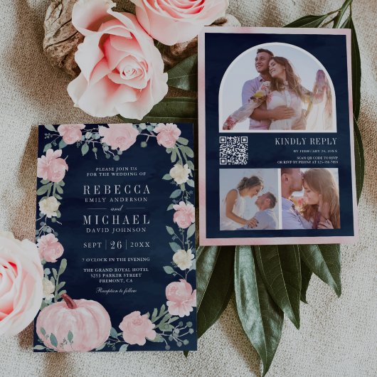 Blush Pink Floral Pumpkin QR Code Navy Hochzeit Einladung