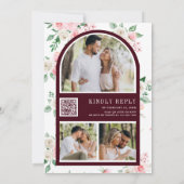 Blush Pink Floral QR Code Burgundy Wedding Einladung (Rückseite)