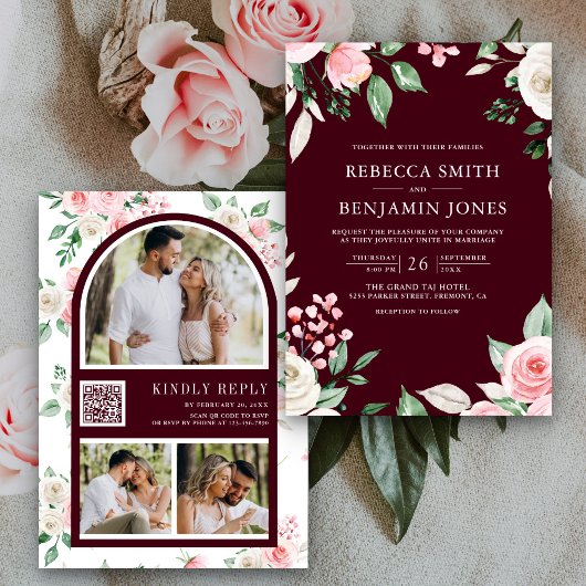 Blush Pink Floral QR Code Burgundy Wedding Einladung