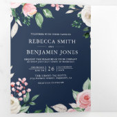 Blush Pink Floral QR Code Navy Blue Wedding Dreifach Gefaltete Einladung (Innen Erste Seite)