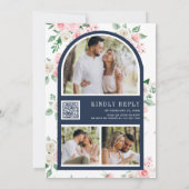 Blush Pink Floral QR Code Navy Blue Wedding Einladung (Rückseite)