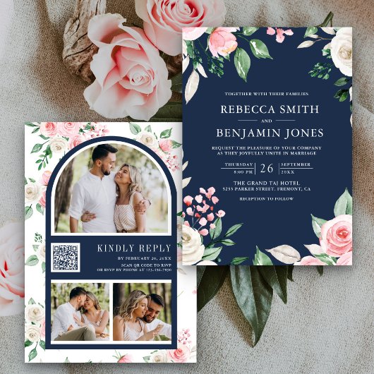 Blush Pink Floral QR Code Navy Blue Wedding Einladung
