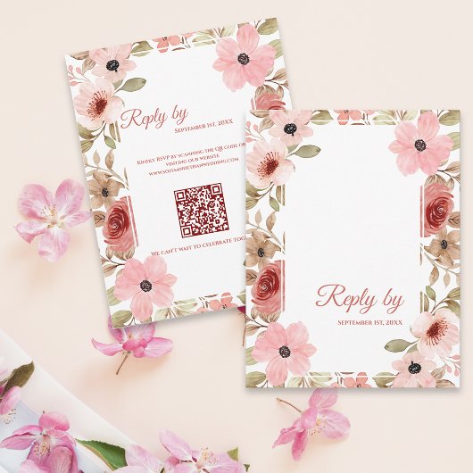 Blush Pink Floral QR Code Wedding Reply By RSVP Karte