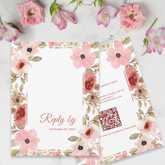 Blush Pink Floral QR Code Wedding Reply By RSVP Karte