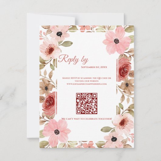 Blush Pink Floral QR Code Wedding Reply By RSVP Karte (Rückseite)