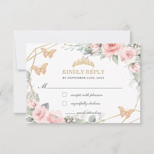 Blush Pink Floral Quinceañera Butterflies Antwort (Vorderseite)