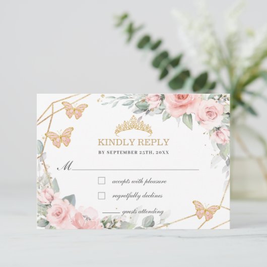 Blush Pink Floral Quinceañera Butterflies Antwort (Stehend Vorderseite)