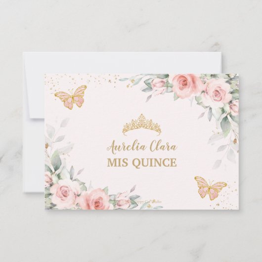 Blush Pink Floral Quinceañera Butterflies Antwort (Rückseite)
