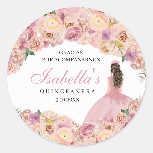 Blush Pink Floral Quinceanera Classic Round Sticke Runder Aufkleber (Vorderseite)