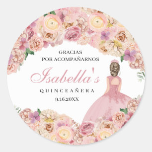 Blush Pink Floral Quinceanera Classic Round Sticke Runder Aufkleber