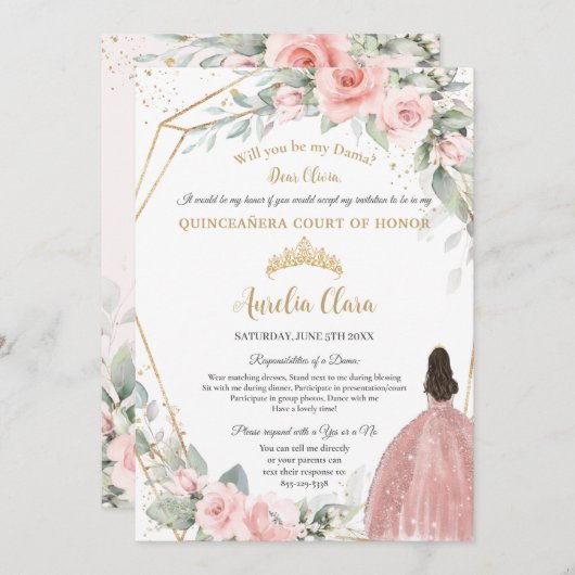 Blush Pink Floral Quinceañera Dama Vorschlag Einladung (Vorne/Hinten)